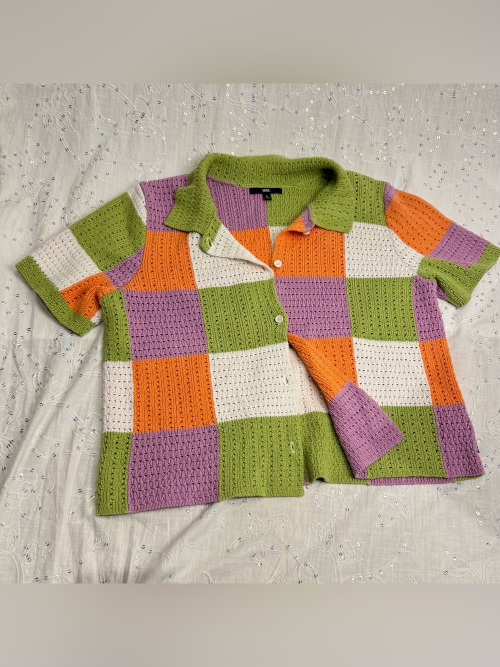 Vans Colorblock Knit Polo Cardigan XL | Retro Checkerboard Cotton Sweater